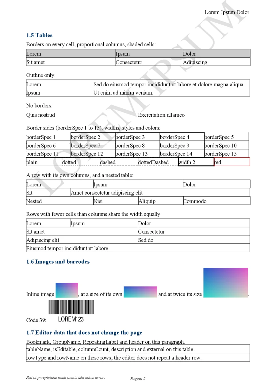 A page rendered by Zarf with tables, borders, images and a barcode